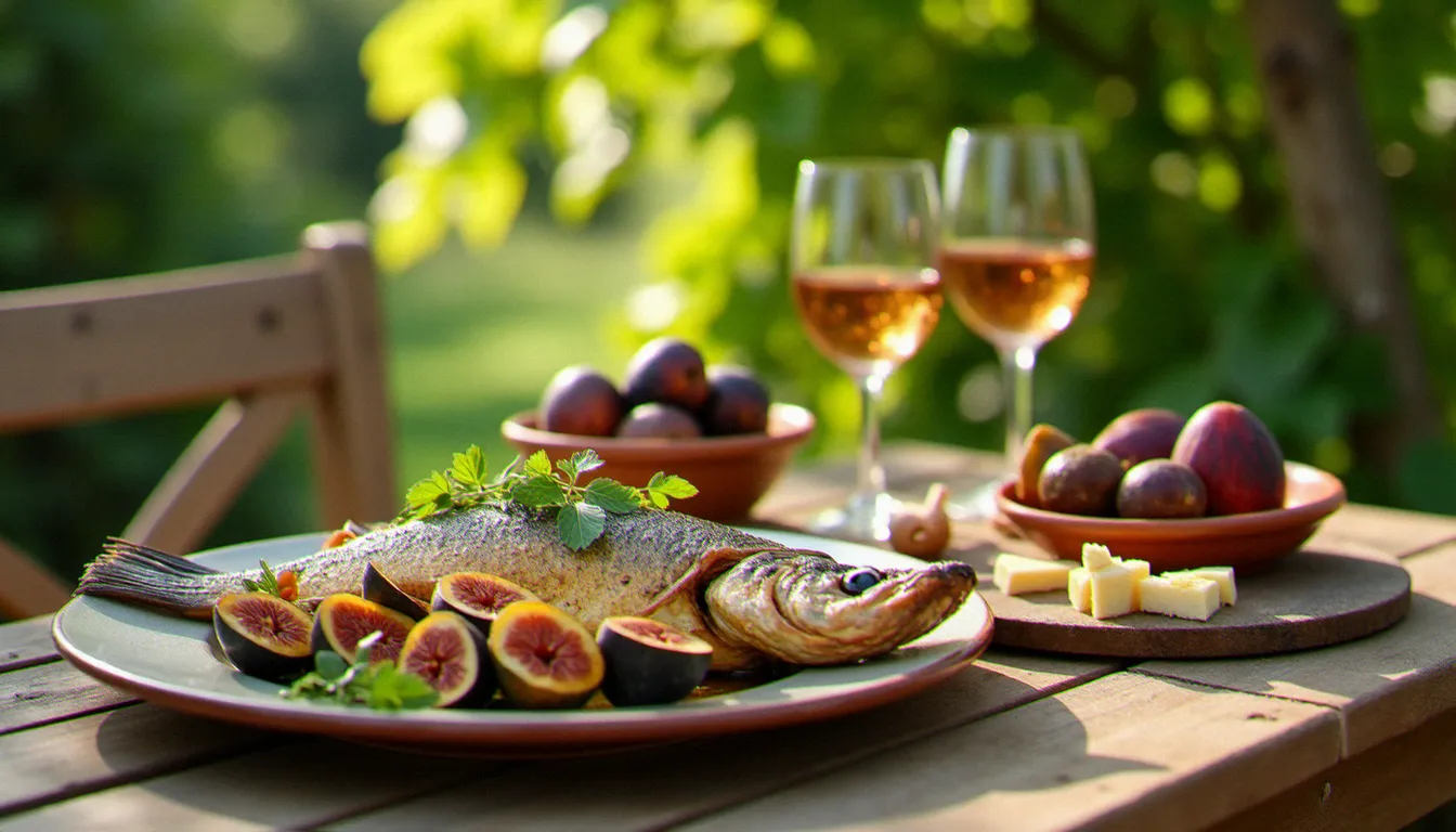 Déjeuner provençal traditionnel avec loup de mer rôti, petits farcis et verre de rosé sur une table en bois sous une treille en Provence