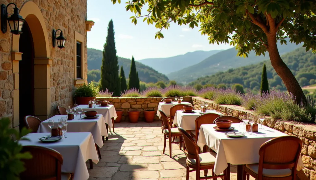 Terrasse ensoleillée d'un restaurant à Biot village avec vue panoramique sur la mer, tables en pierre et décoration provençale authentique