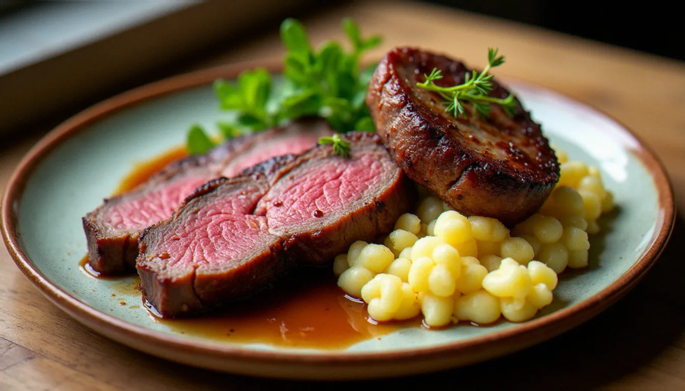 Assiette de bœuf charolais rôti accompagné d'un écrasé de pommes de terre dans un bistrot du terroir auvergnat