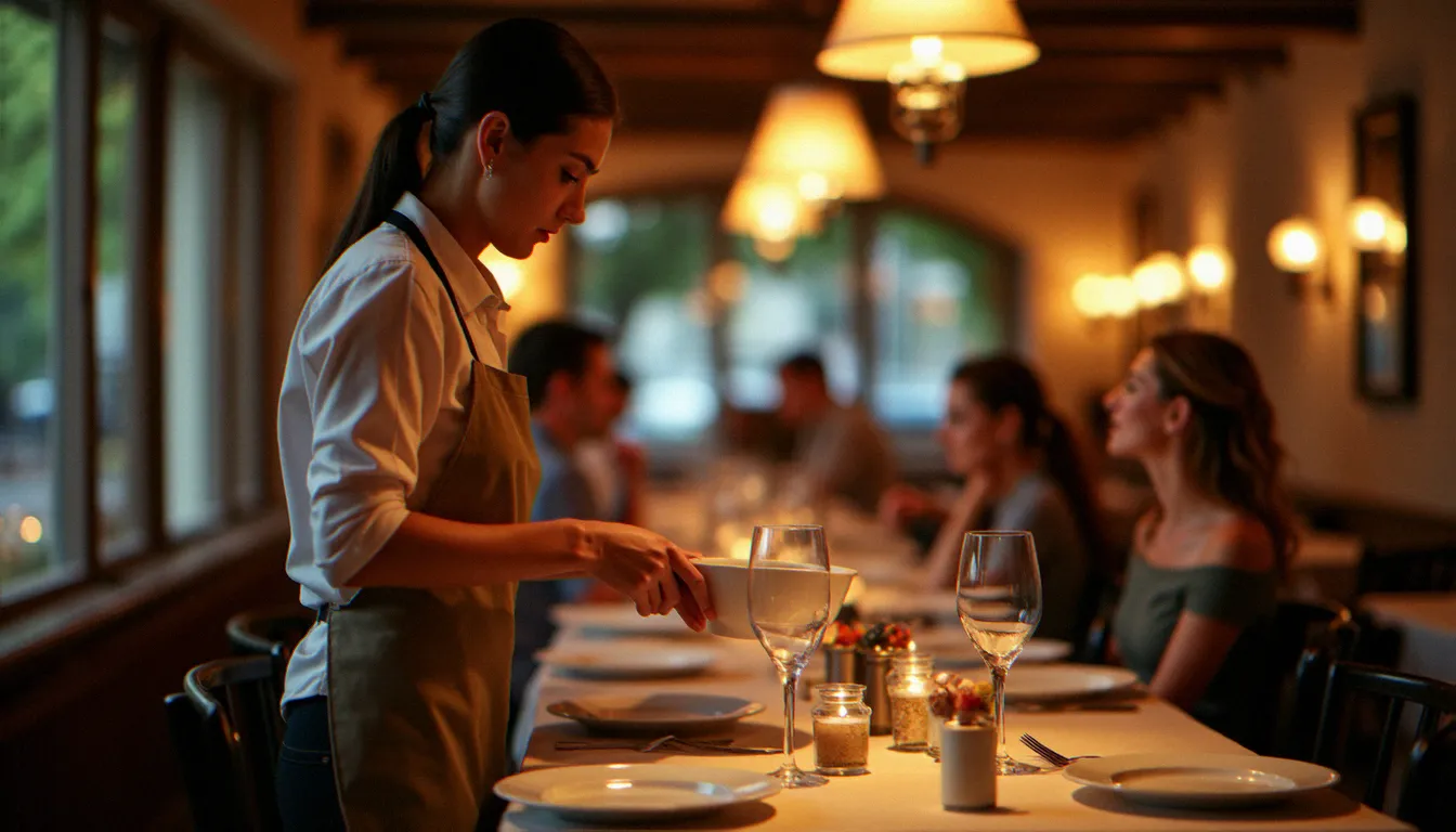 Service du soir dans un bistrot de Commentry, ambiance détendue avec convives attablés et serveur apportant les plats