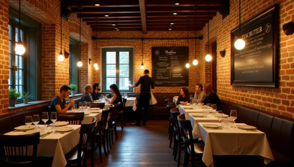Salle chaleureuse d'un restaurant bistrot à Commentry dans l'Allier, avec briques apparentes, tables en bois et ambiance tamisée