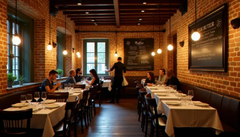 Salle chaleureuse d'un restaurant bistrot à Commentry dans l'Allier, avec briques apparentes, tables en bois et ambiance tamisée
