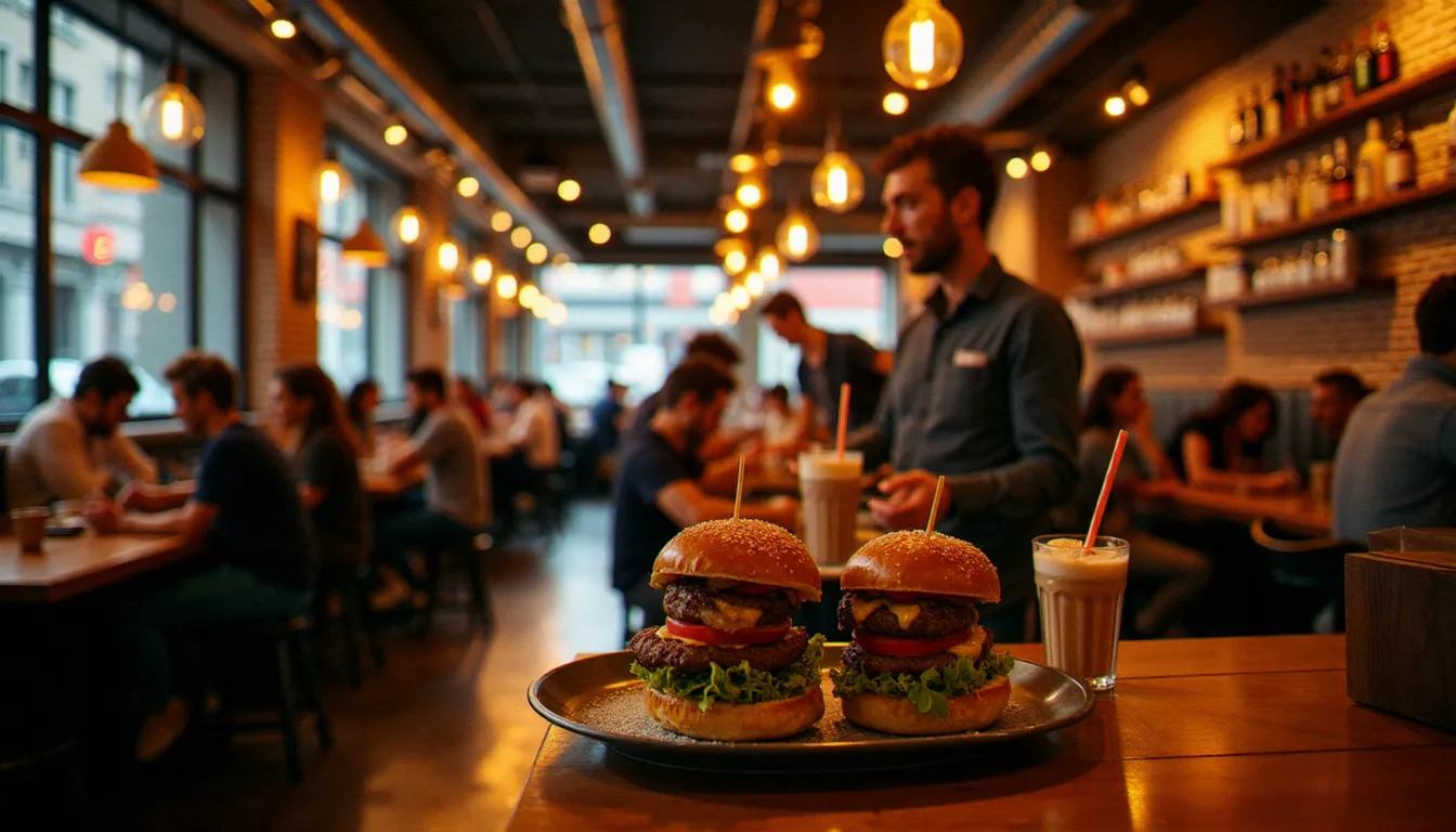 Salle animée d'un restaurant burger artisanal le soir, ambiance urbaine avec murs en briques et lumières industrielles, clients attablés devant des burgers généreux