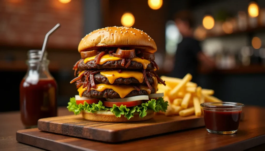 Burger artisanal Dangerous Burger servi sur plateau en bois avec frites maison, fromage fondu et sauce maison dans un cadre de restaurant à ambiance urbaine
