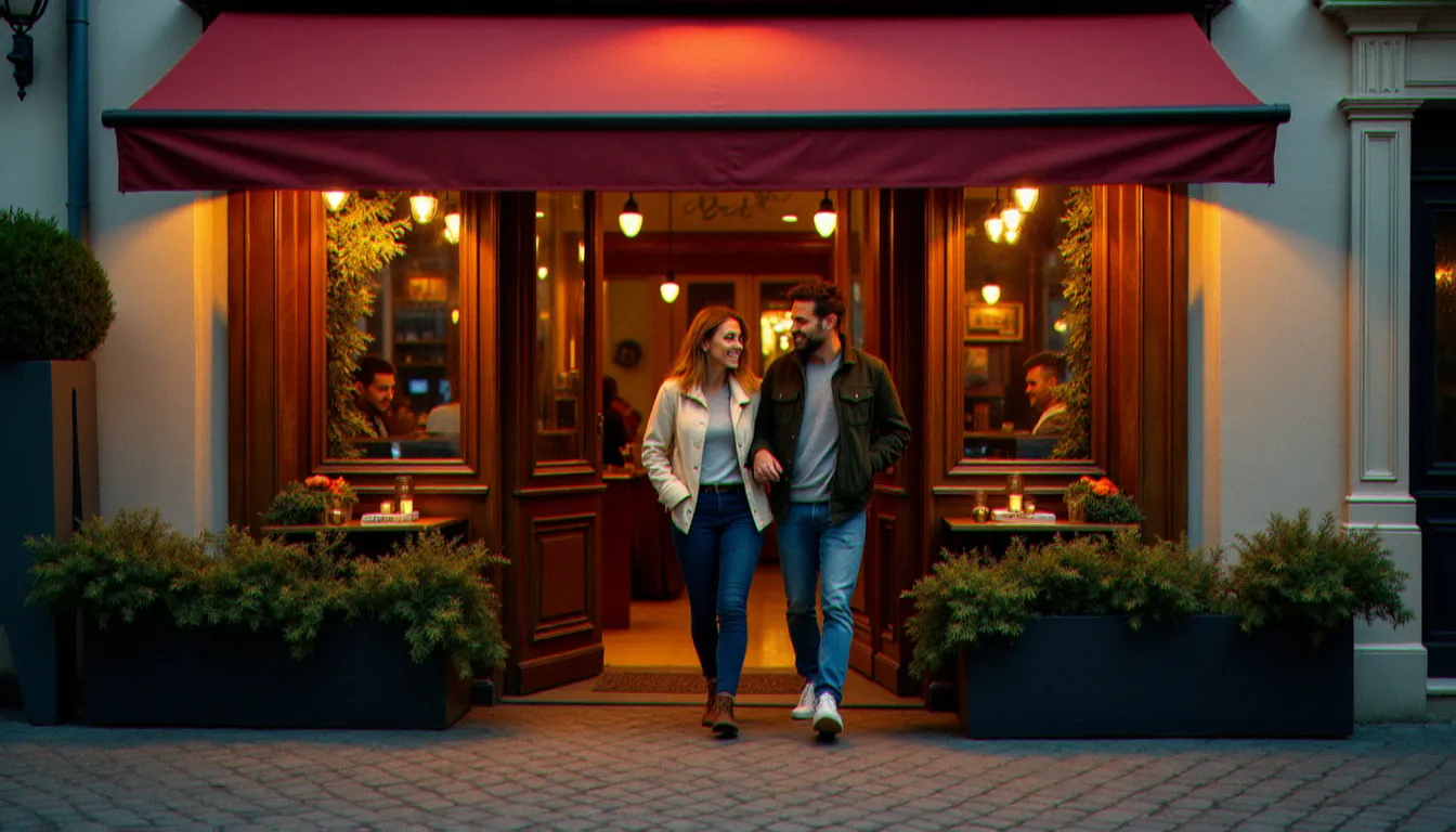 Entrée d'un bistrot français le soir en automne, lumière dorée qui invite à pousser la porte — premier signal de l'effet boeuf