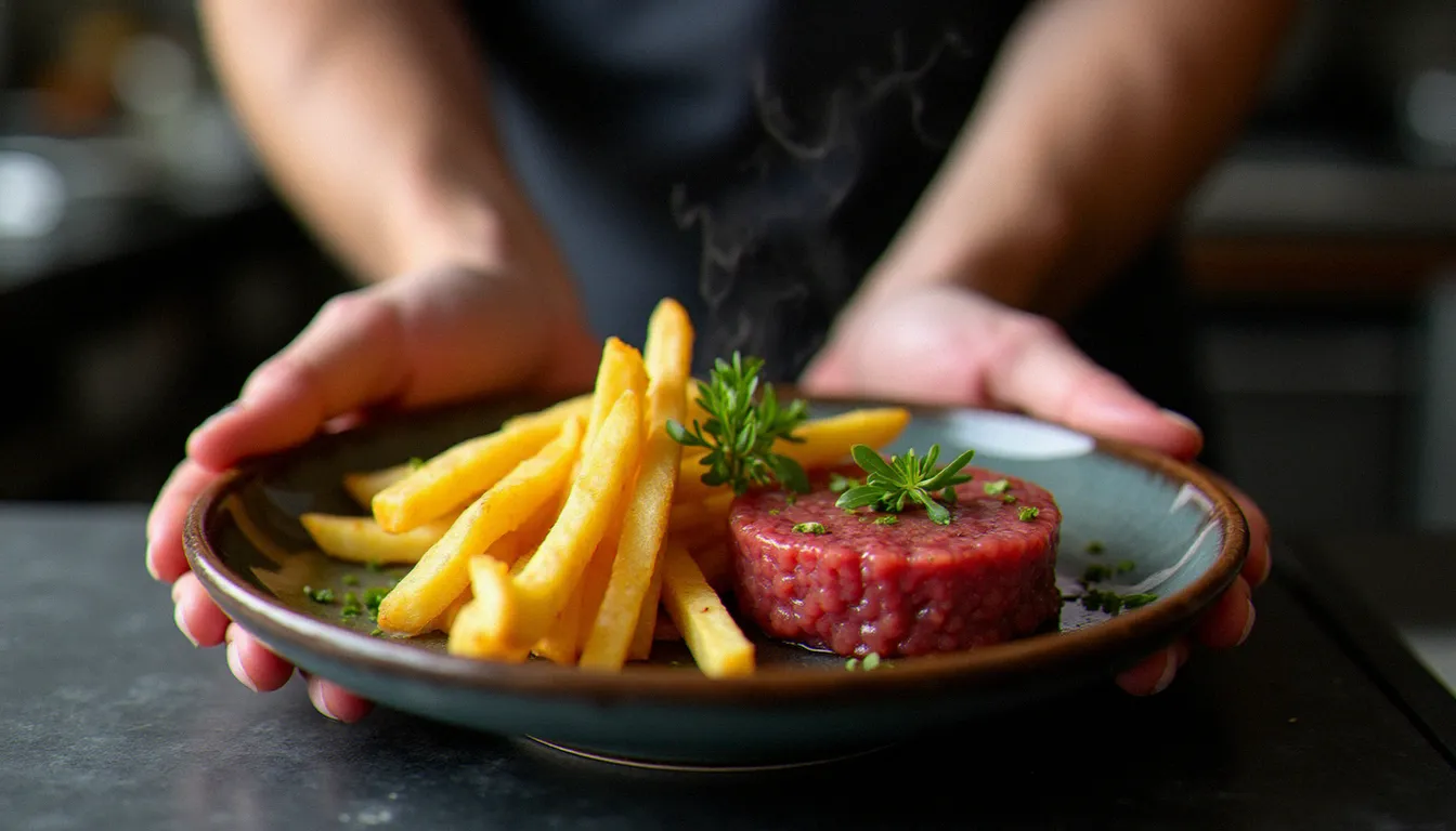 Chef qui dresse une assiette de tartare de boeuf et frites maison dans un bistrot, illustration de la générosité et du soin culinaire qui amplifient l'effet boeuf