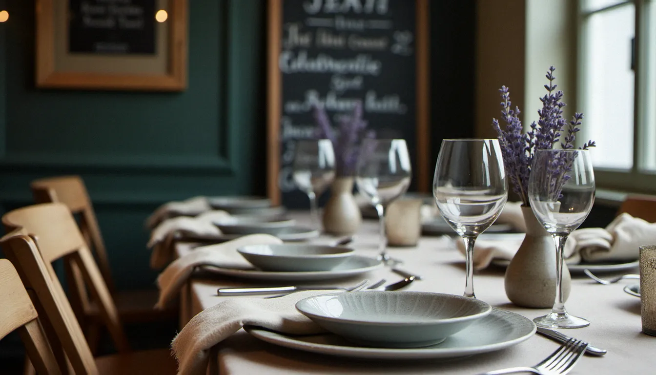 Table dressée dans un restaurant à effet mer avec vaisselle en grès, verres fumés et serviettes en lin naturel