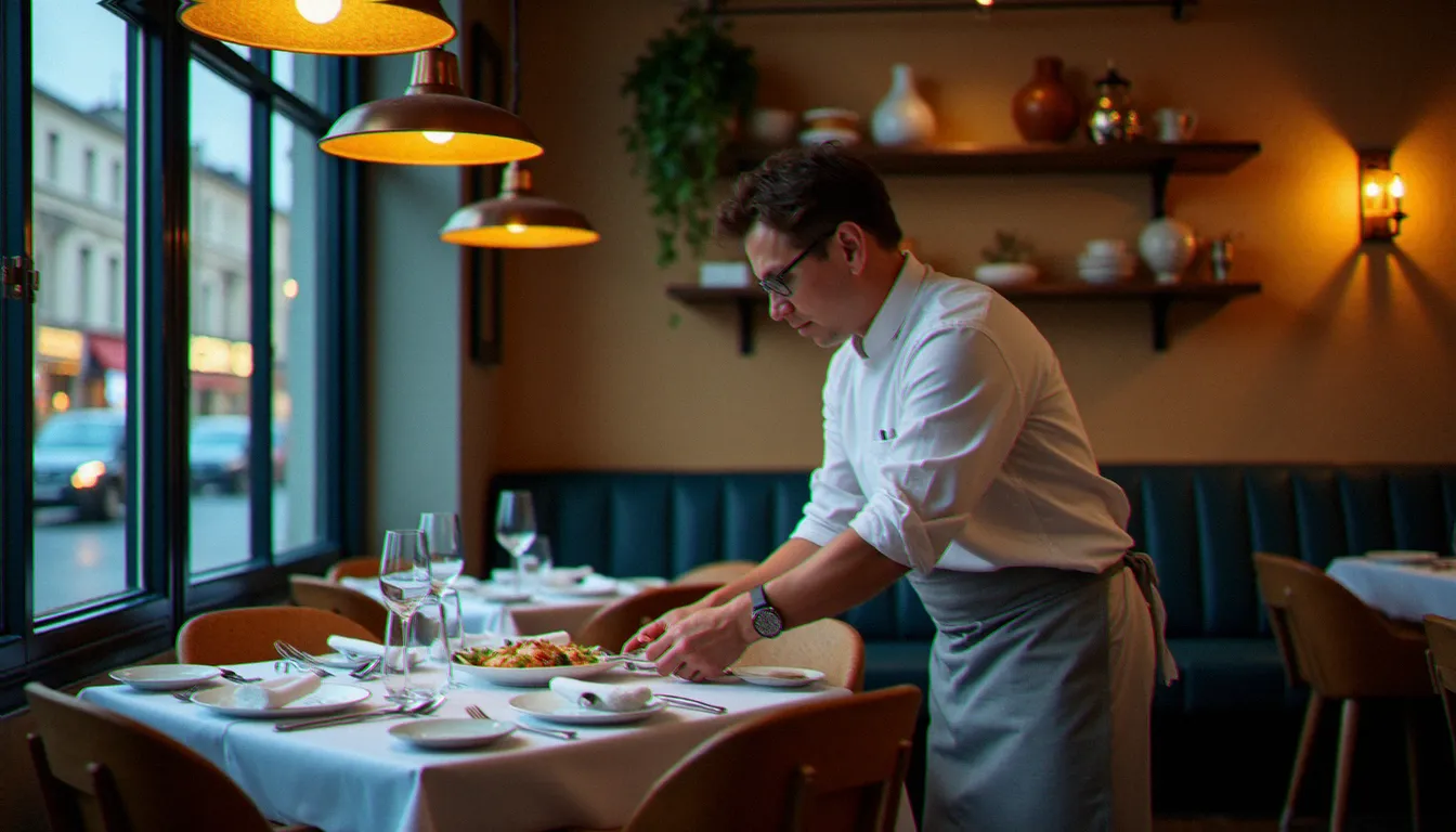 Salle de bistrot urbain à effet mer avec bois flotté, éclairage bleu tamisé et plat de poisson frais servi en soirée