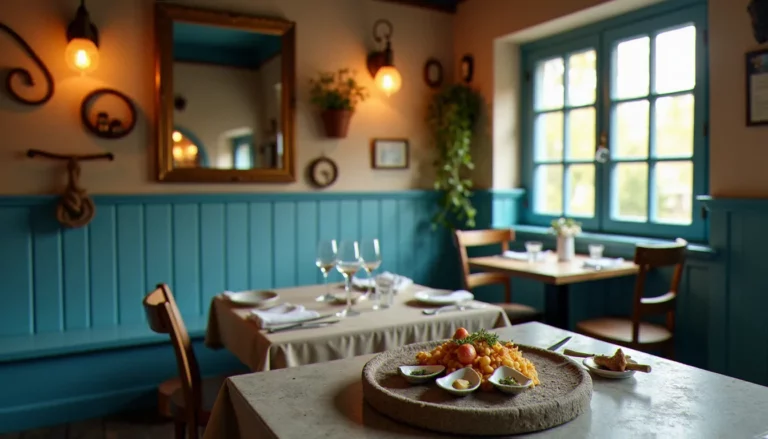Intérieur d'un restaurant effet mer avec boiseries bleues délavées, nappes en lin et plateau de fruits de mer sur table en pierre