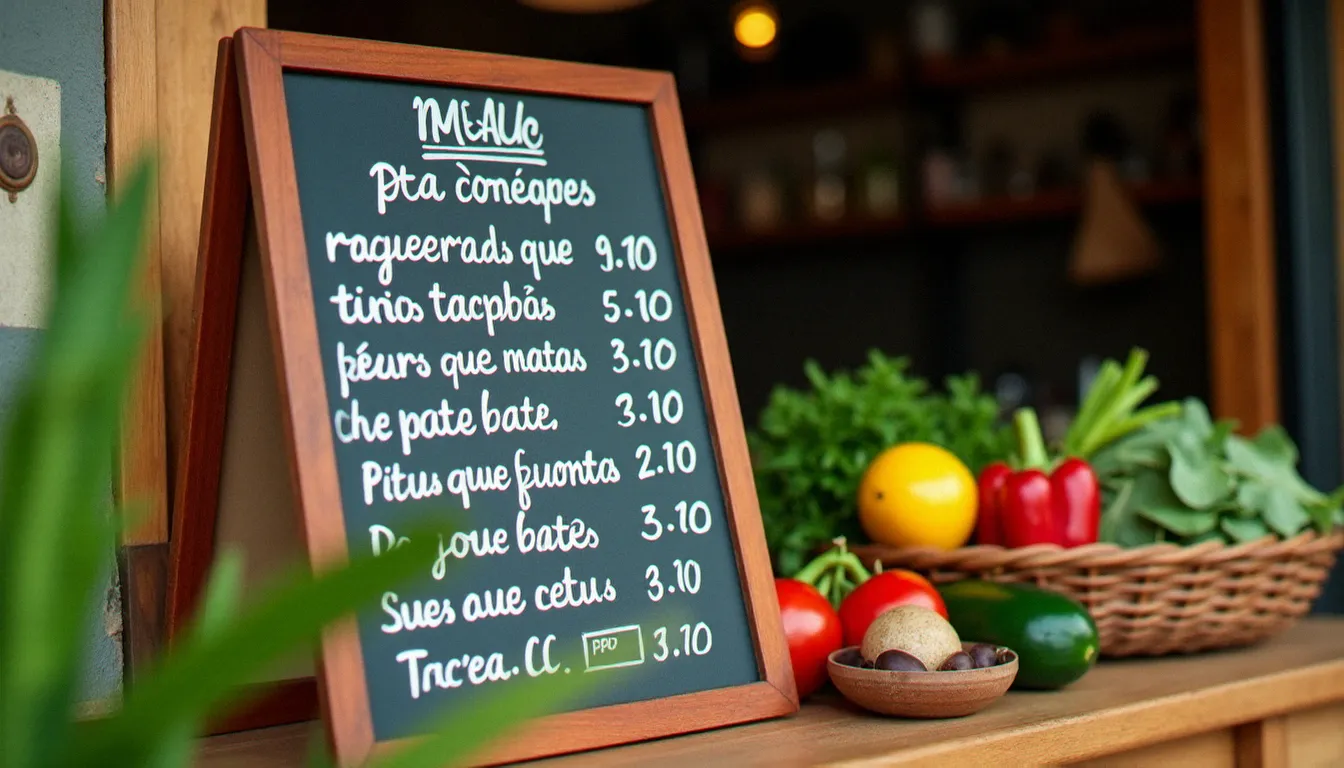 Ardoise de menu journalier à l'entrée d'un restaurant à Bouaké avec des ingrédients frais posés sur le comptoir