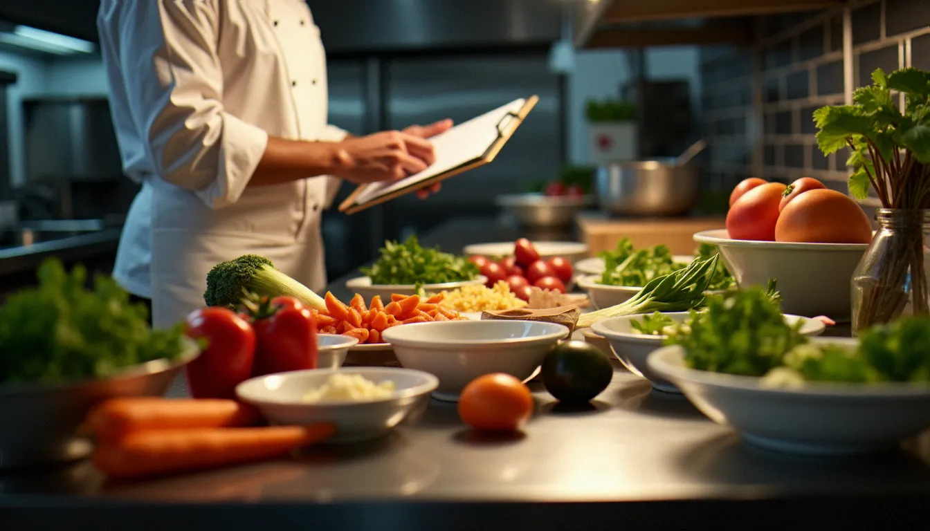 Cuisine organisée d'un restaurant ivoirien avec mise en place et gestion des stocks visible sur un tableau de bord manuscrit
