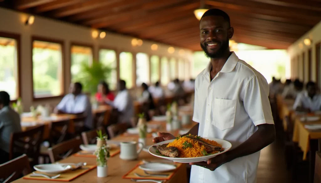 Salle d'un restaurant efficace à Bouaké avec tables bien dressées et service attentionné en lumière naturelle