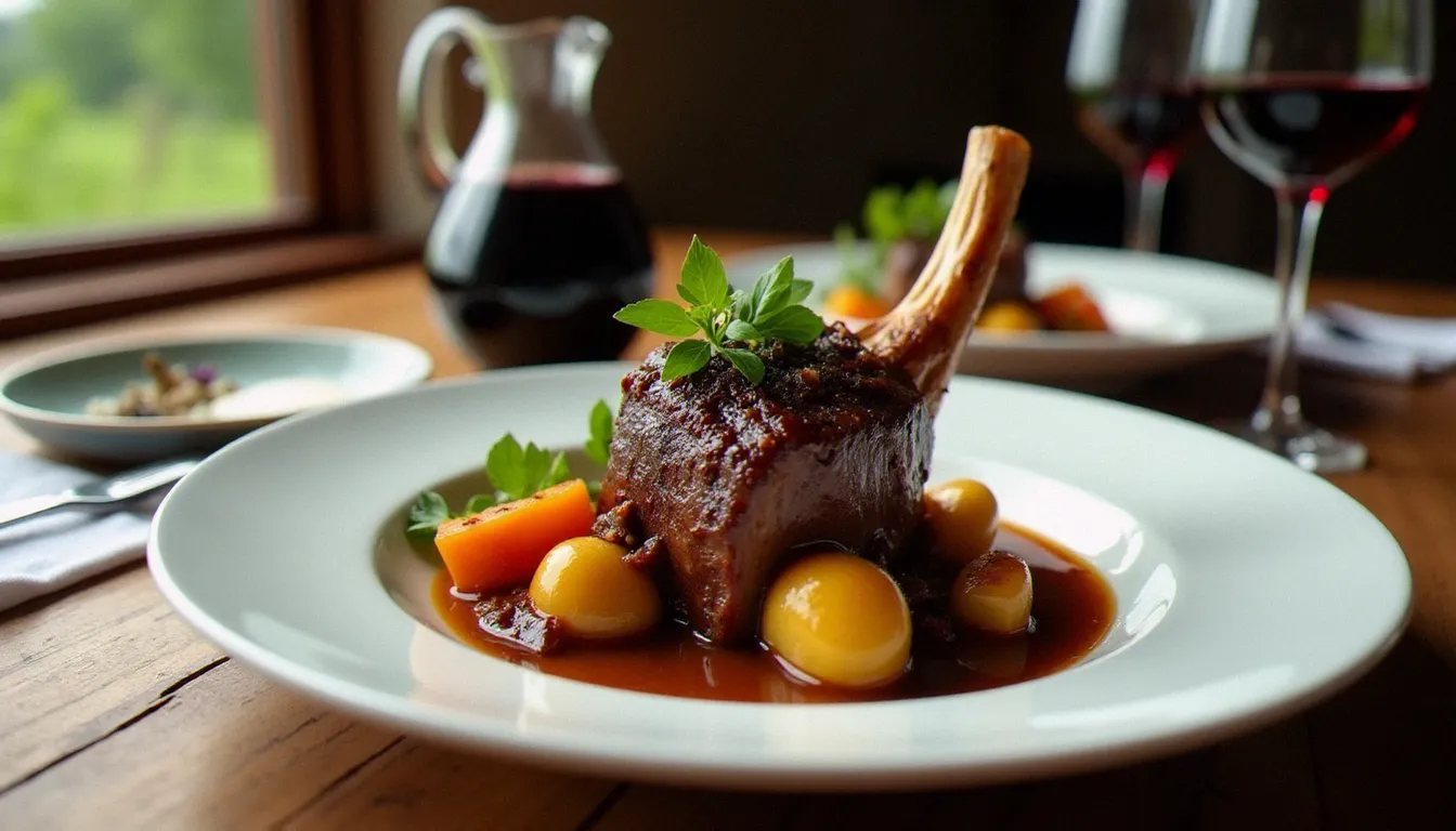 Jarret de veau braisé servi dans un bistrot parisien, plat généreux typique de la cuisine du restaurant Francette Paris