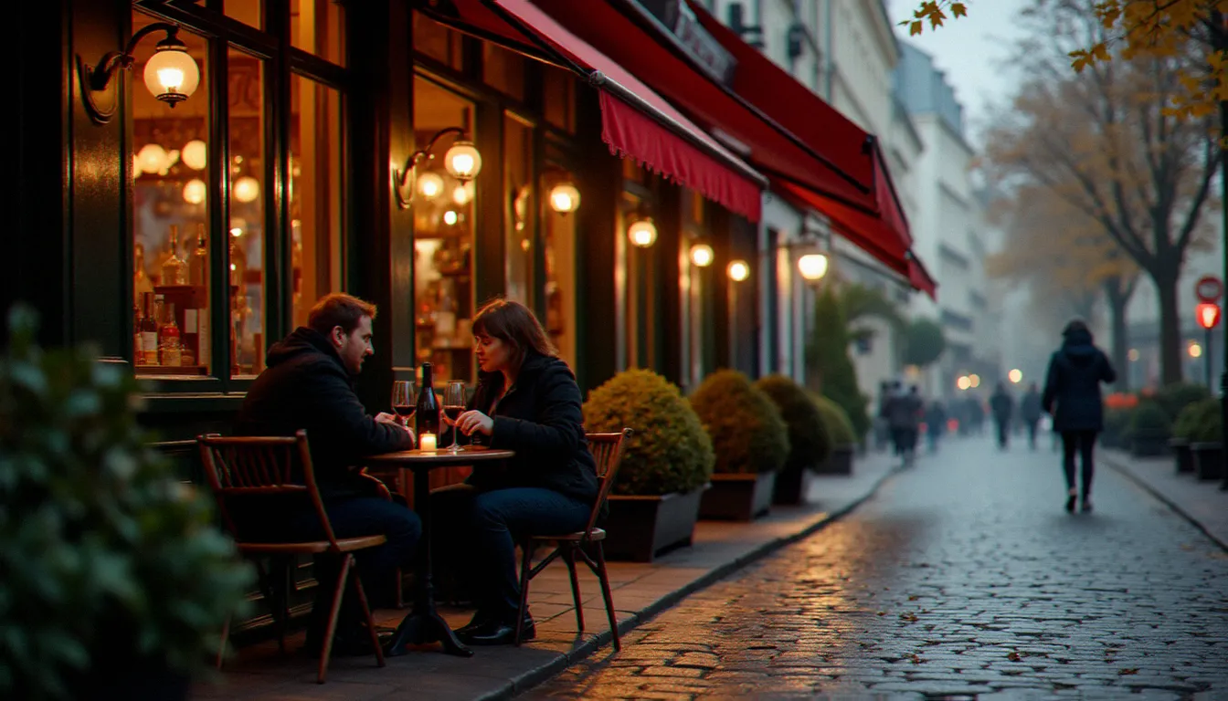Terrasse d'un bistrot parisien en automne, clients attablés sous la marquise rouge dans un quartier vivant de Paris