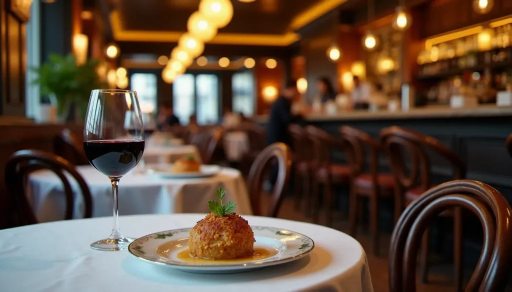 Salle du restaurant Francette Paris à l'heure du déjeuner, lumière dorée sur les tables en marbre et les chaises bistrot en bois courbé