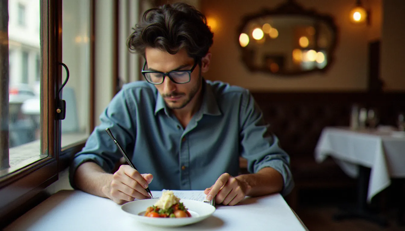 Inspecteur anonyme prenant des notes dans un carnet après un repas dans un restaurant, évaluation discrète selon les critères du guide Michelin