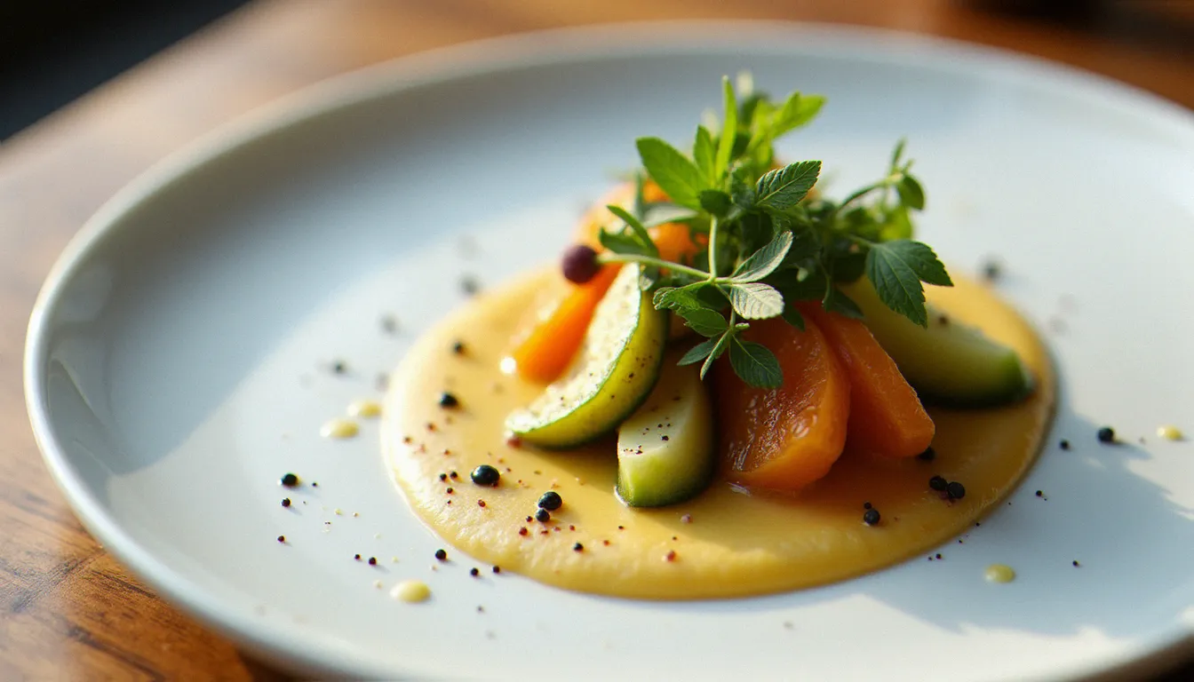 Assiette gastronomique raffinée sur porcelaine blanche avec sauce travaillée et légumes de saison, dressage caractéristique d'un restaurant guide Michelin