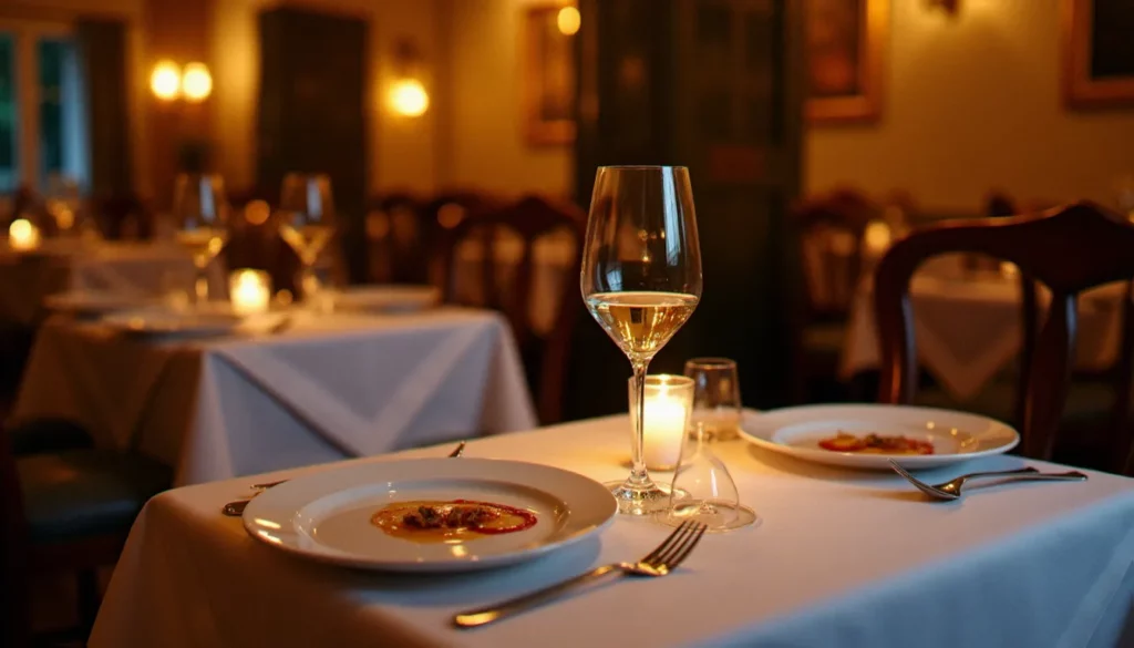 Salle de restaurant gastronomique éclairée aux bougies, nappes blanches et verres à vin, atmosphère d'un restaurant guide Michelin en France