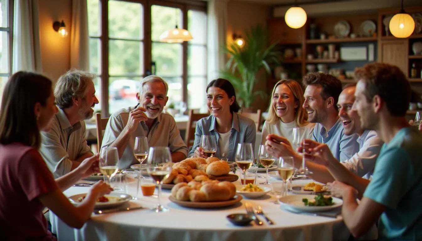Tablée familiale animée lors d'un dimanche midi au restaurant du centre de Guidel, ambiance conviviale et chaleureuse