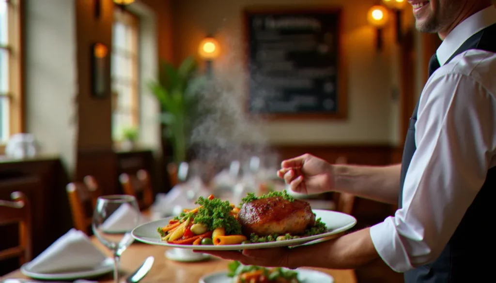 Salle chaleureuse d'un restaurant Guidel centre avec tables en bois, ardoise de menu et plat du jour servi en salle