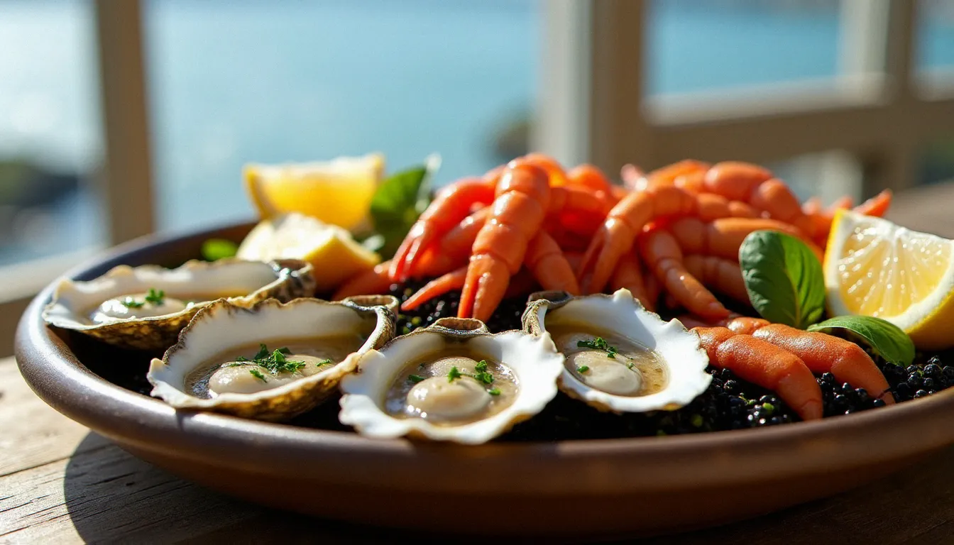 Plateau de fruits de mer breton avec huîtres plates, langoustines et bigorneaux servi dans un restaurant de bord de mer à Guidel