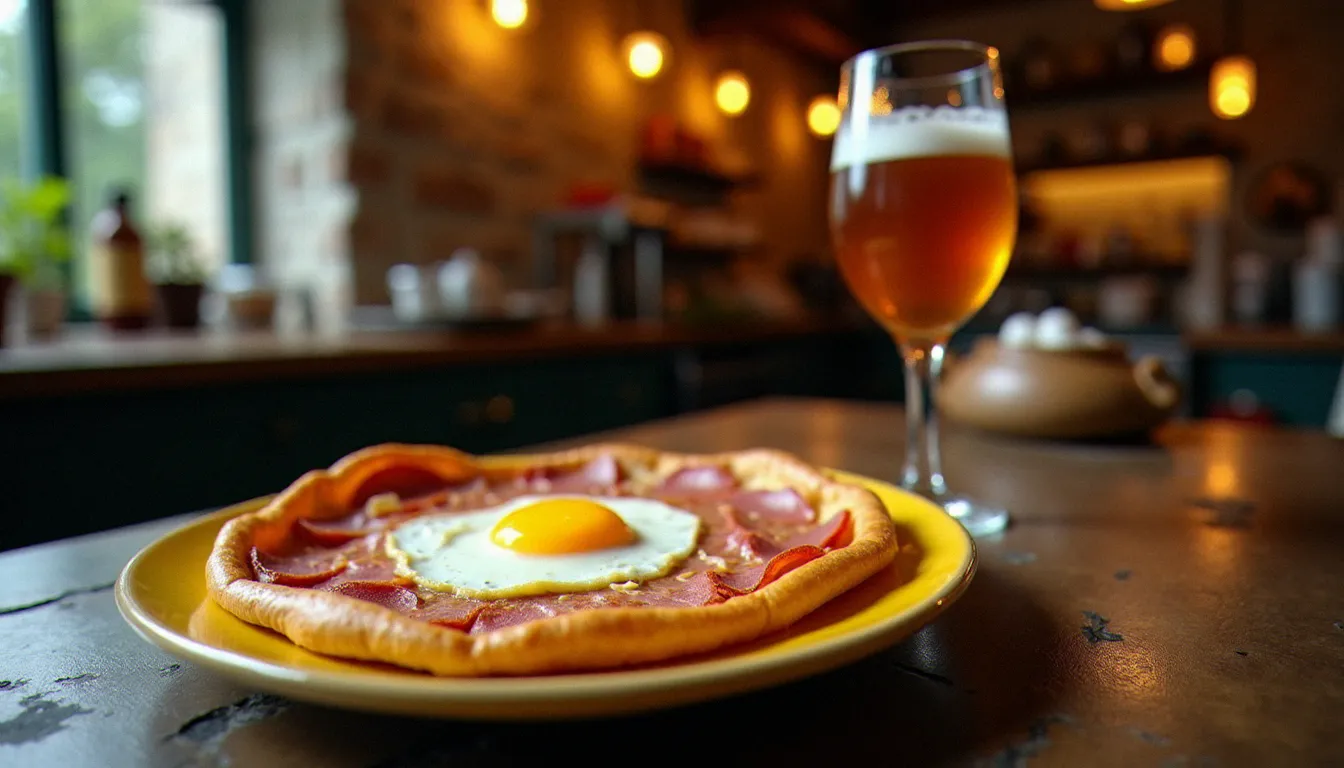 Intérieur d'une crêperie bretonne avec une galette de sarrasin complète et un verre de cidre artisanal, ambiance chaleureuse typique de la région de Guidel