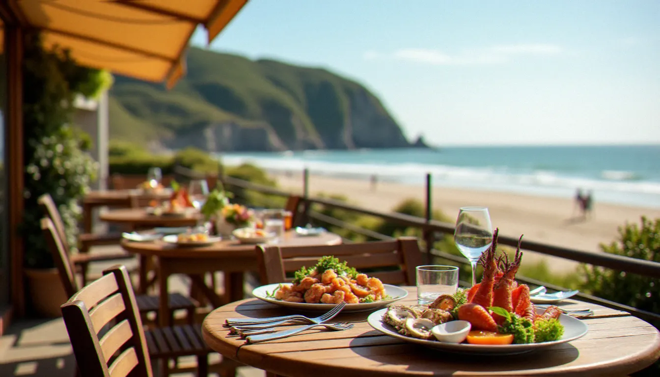 Terrasse d'un restaurant à Guidel Plage avec vue sur la mer et plateau de fruits de mer composé d'huîtres et de langoustines bretonnes