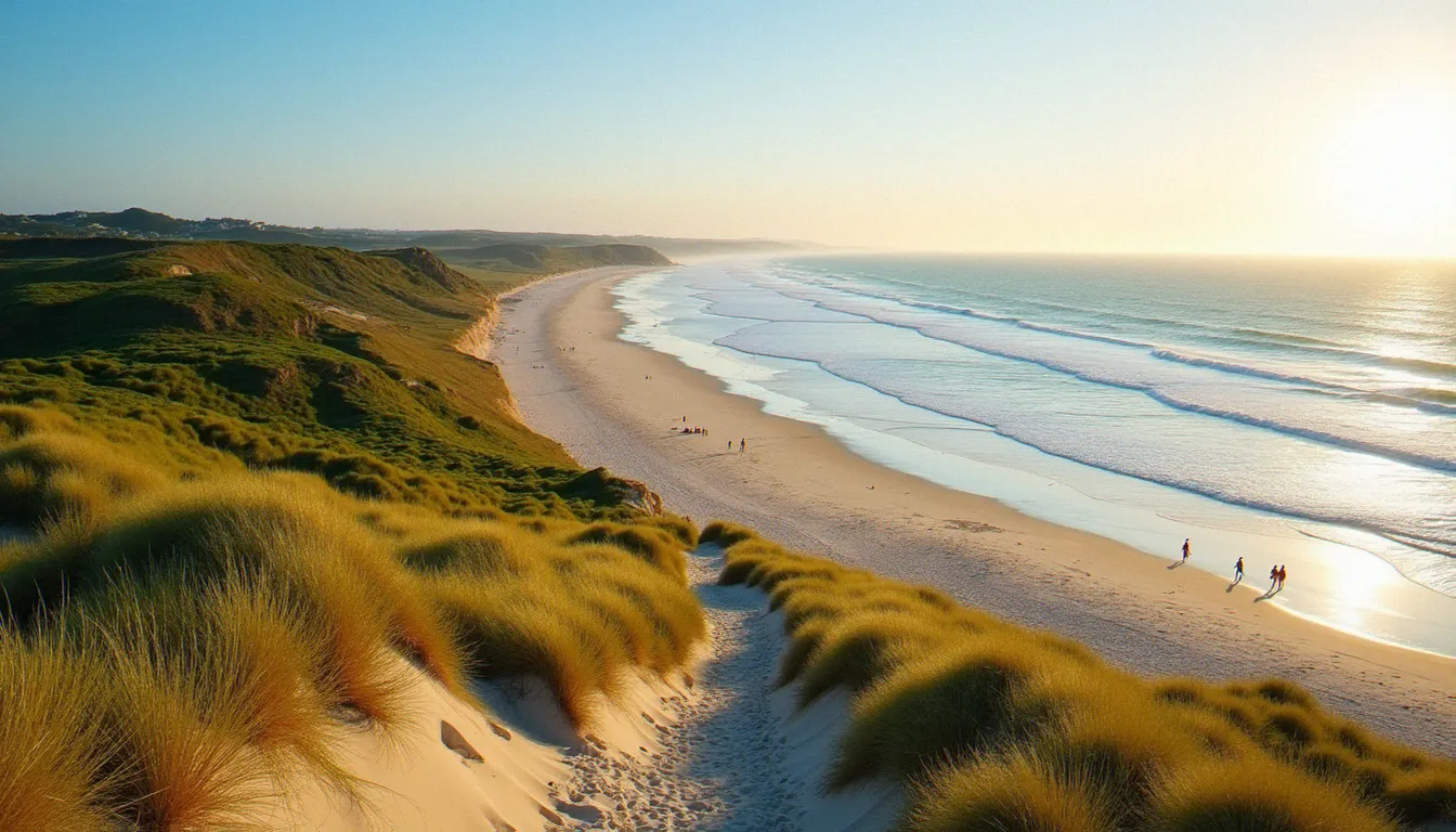 Vue panoramique de la plage de Guidel en Bretagne lors d'une belle journée d'été, avec les dunes sauvages et l'Atlantique en arrière-plan, à proximité du restaurant La Fabrique Bistrot