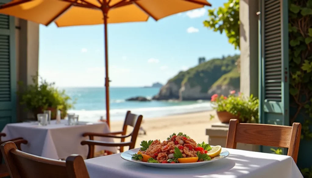La terrasse du restaurant La Fabrique Bistrot à Guidel Plage, ouverte face à la mer en plein été, avec des tables dressées et un plateau de fruits de mer