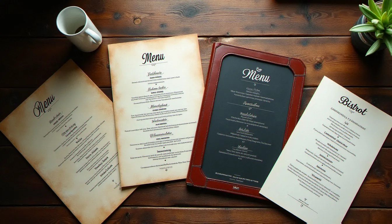 Présentation de différents types de menus de restaurants français, du bistrot au gastronomique, sur une table en bois