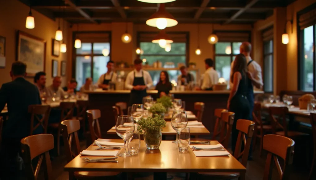 Intérieur chaleureux d'un bistrot français au service du soir, illustrant la diversité des types de restaurants