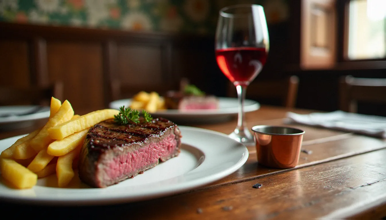 Assiette de steak-frites servi sur une table en bois dans un bistrot français, verre de vin rouge et sauce maison dans un petit pot en cuivre