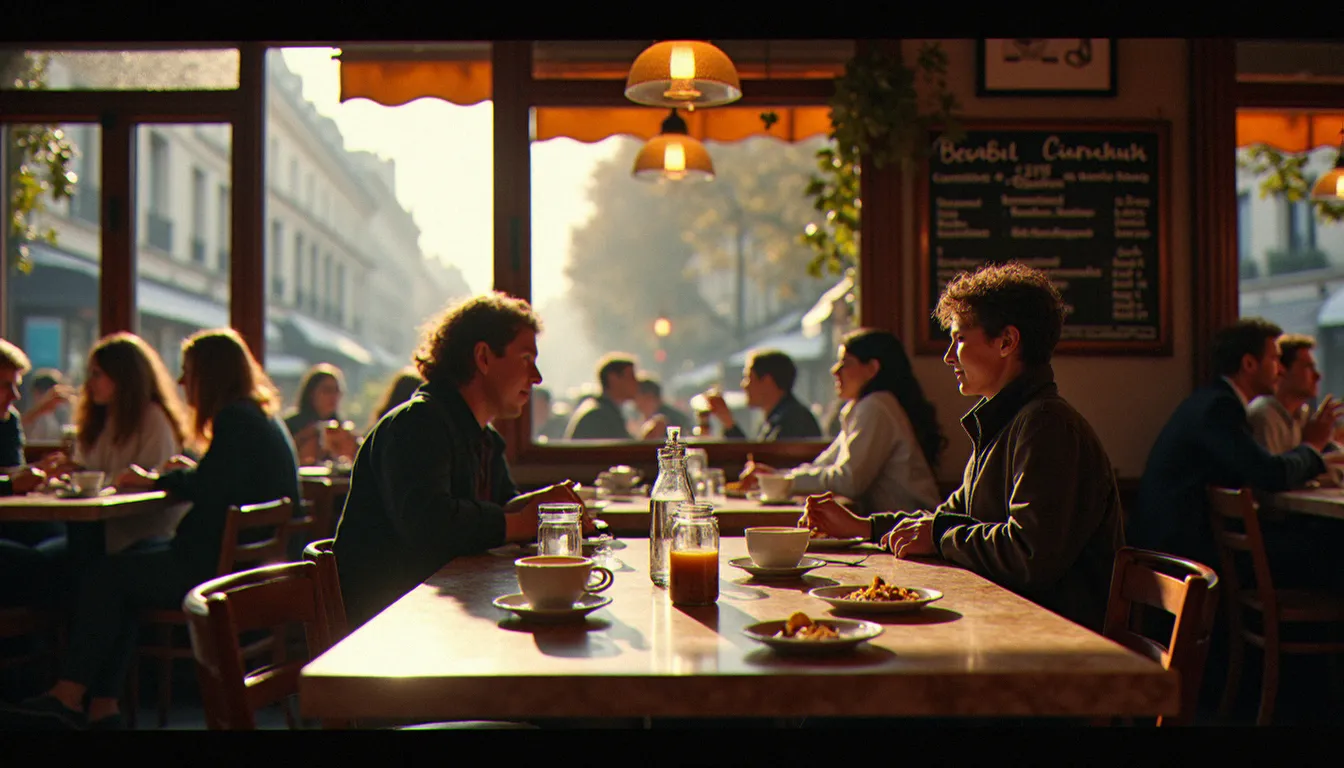 Intérieur animé d'un bistrot de quartier français au déjeuner, lumière naturelle, clients attablés devant des plats du jour, ardoise des suggestions du moment en arrière-plan