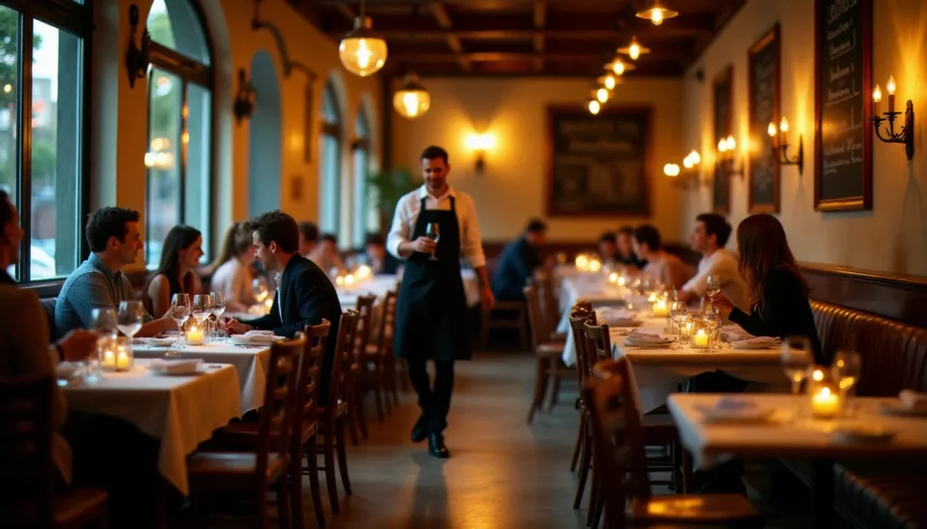Salle de restaurant bistrot de quartier en service du soir, tables en bois avec nappes en papier, bougeoirs et ardoise de menu mural, clients en conversation animée