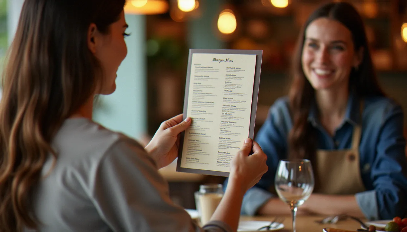 Serveur de restaurant présentant la fiche allergènes à une cliente, illustrant la transparence sur les plats sans gluten