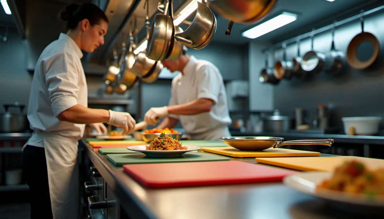 Cuisine professionnelle de restaurant avec poste dédié sans gluten, planches à découper séparées et chef préparant un plat en toute sécurité