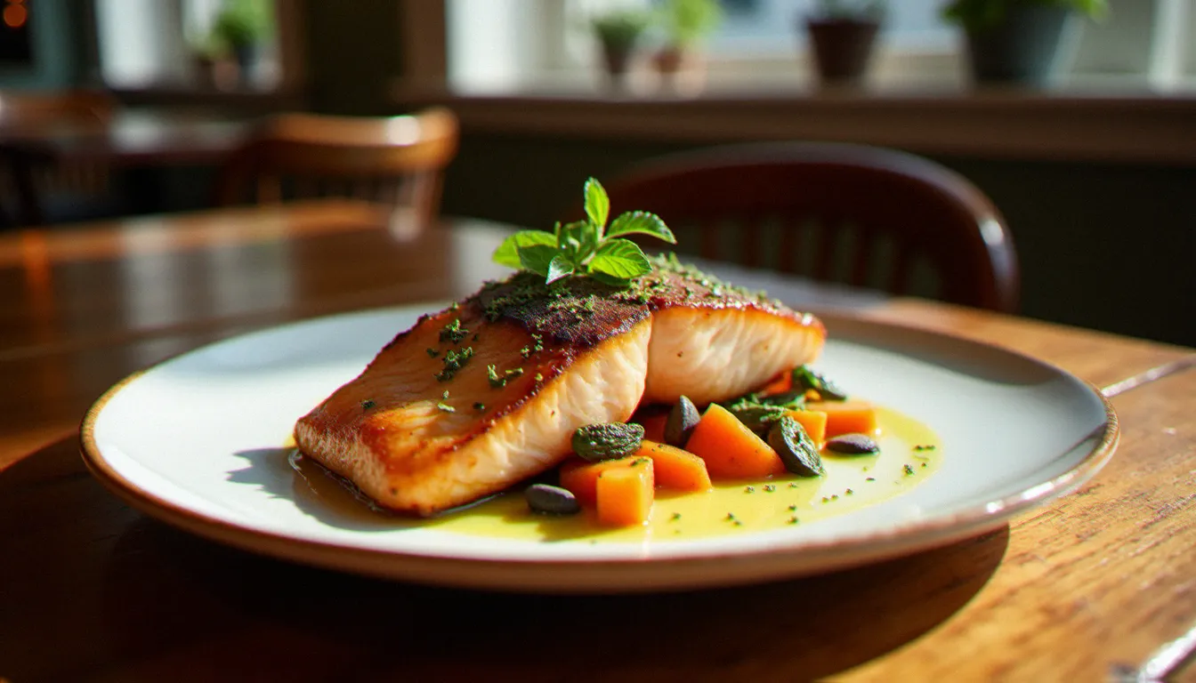 Assiette de restaurant sans gluten avec un filet de saumon doré et légumes rôtis, servi sur une table en bois dans un bistrot français chaleureux