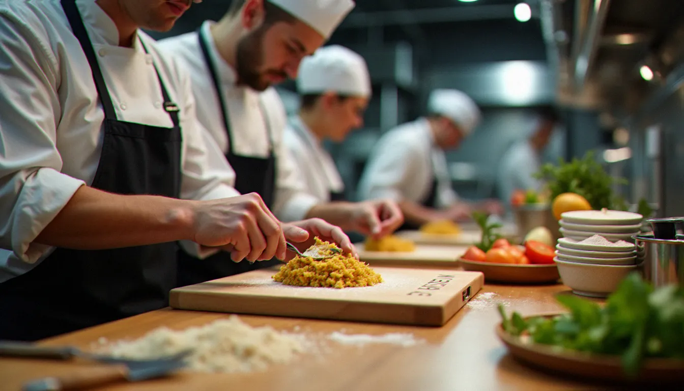 Brigade de cuisine dans un restaurant de Montréal vérifiant les ingrédients pour la préparation de plats sans gluten avec planche à découper dédiée