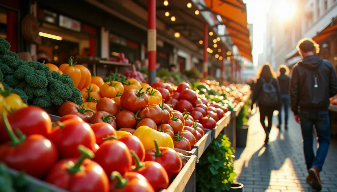 Marché Jean-Talon de Montréal avec ses étals colorés de fruits et légumes frais naturellement sans gluten, ambiance animée d'un marché québécois au soleil