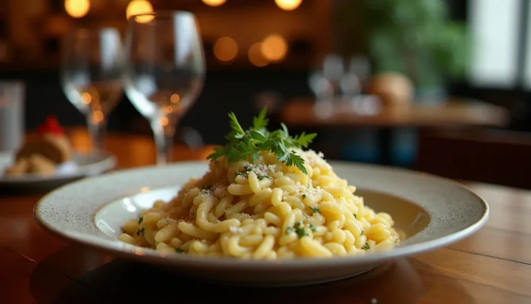 Assiette de cuisine sans gluten dans un restaurant de Montréal, ambiance chaleureuse de bistrot avec éclairage tamisé et table en bois