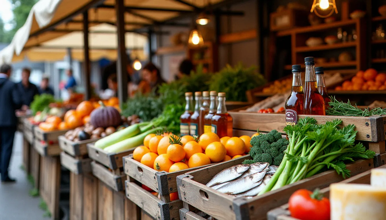 Étal de marché public québécois avec produits locaux naturellement sans gluten — légumes frais, sirop d'érable, fromages artisanaux et poissons fumés