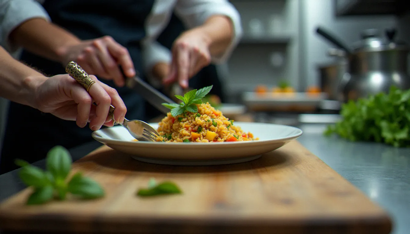 Chef professionnel préparant un plat sans gluten avec des ustensiles dédiés dans une cuisine de restaurant, soin apporté à la prévention de la contamination croisée