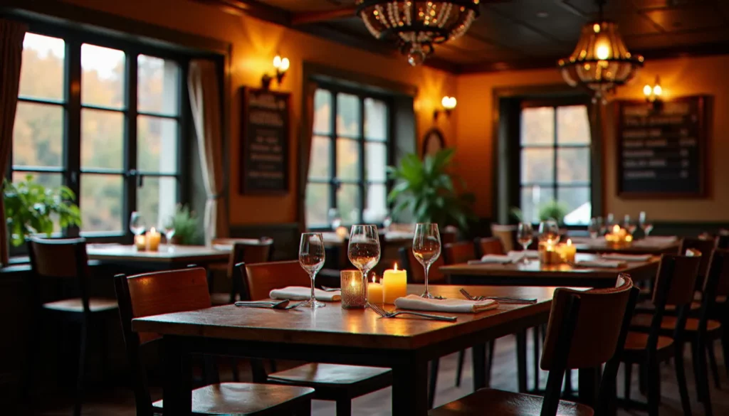 Salle de restaurant québécois chaleureuse avec tables en bois et menu ardoise proposant des options sans gluten, ambiance bistrot de quartier