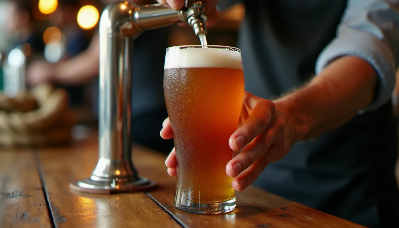 Barman versant une bière artisanale ambrée au comptoir en bois d'un bar à l'ambiance maritime, détail des mains et du verre avec condensation