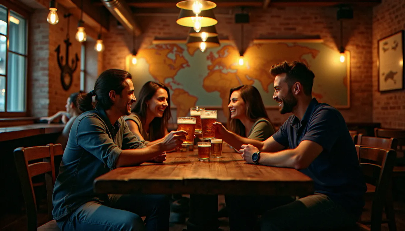 Groupe d'amis portant un toast autour d'une table en bois dans un bar à thème maritime chaleureux, ambiance soirée conviviale