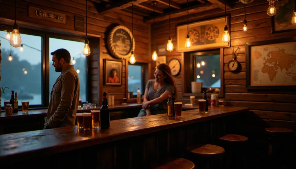 Intérieur d'un bar à thème maritime avec décoration en bois flotté et bières artisanales sur le comptoir, ambiance chaleureuse évoquant un bar avis de tempête