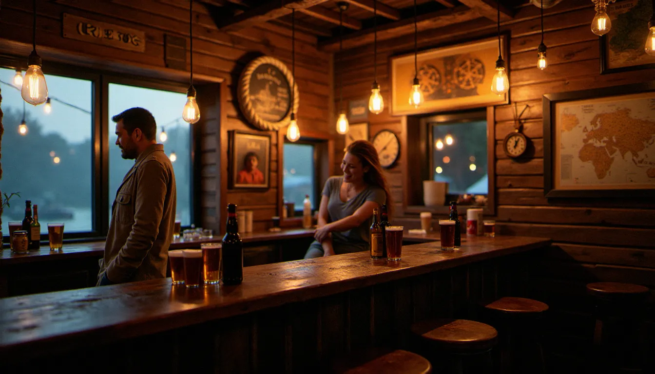 Intérieur d'un bar à thème maritime avec décoration en bois flotté et bières artisanales sur le comptoir, ambiance chaleureuse évoquant un bar avis de tempête