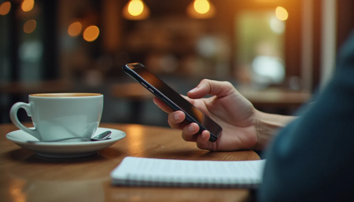 Mains tenant un smartphone affichant des avis de restaurant en ligne dans un café, illustrant la lecture critique des avis bistrot avant de réserver