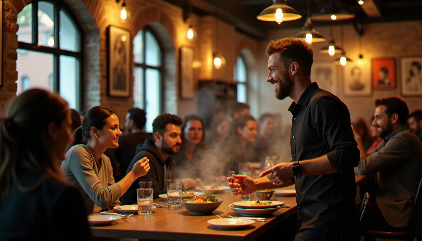 Intérieur animé d'un bistrot français pendant le service du déjeuner avec hôte souriant, murs en briques et lumières chaleureuses, ambiance que les avis en ligne peinent à retranscrire