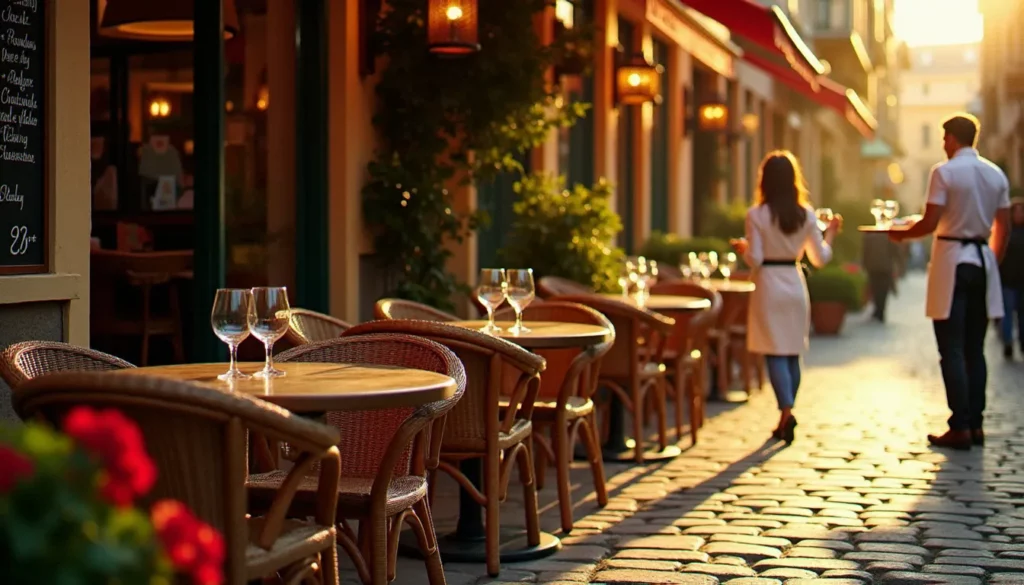 Terrasse de bistrot français à l'heure dorée avec tables rondes, chaises en osier et serveur en tablier blanc, illustration d'un avis bistrot chaleureux et authentique